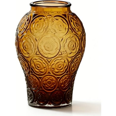 Vase vintage en verre ambré, stable, à décor floral en relief et épais, idéal pour la décoration de table de mariage ou d'intérieur. (1/5)