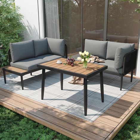 Salon de jardin d'angle, Ensemble repas extérieur avec table haute et canapé pour terrasse, Structure en acier galvanisé corde tressée à la main et plateau composite polywood, Gris
