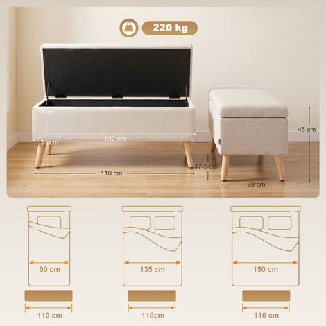 Sitzbank mit Stauraum, bis 220 kg, Leinenoptik, 110x39x45cm, Beige (1/5)