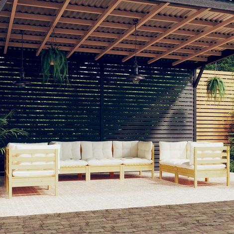 vidaXL Muebles de jardín 7 pzas y cojines madera maciza de pino crema (1/5)
