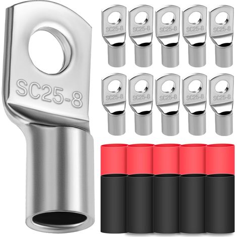Lot de 10 cosses de câble tubulaires 25 mm² - Diamètre du trou M8 - Cosses à anneau en cuivre épaissi non isolées SC avec 10 gaines thermorétractables 3: 1 (1/5)