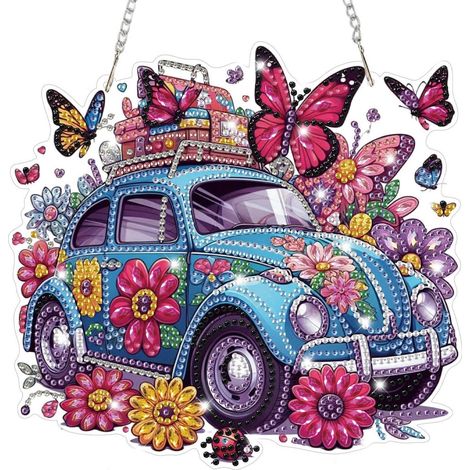 Kit de peinture diamant 5D Voiture avec papillons et fleurs, décoration suspendue