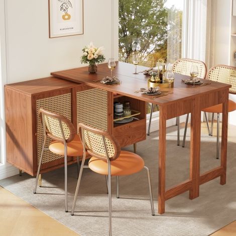 Table de bar rotative à 360° 107 x 40 x 71,4 cm, Table de bar réglable,table de bar au design extensible, meuble de rangement avec porte en rotin + étagère de rangement ouverte, Brun (1/5)