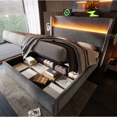 Cama canapé 180 x 200 cm con cabecero alto, LED, USB/Type-C, gris HAVRYA (1/5)