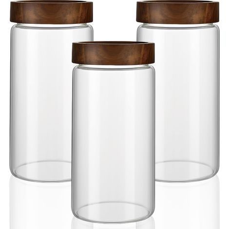 Lot de 3 bocaux de conservation en verre avec couvercle hermétique de 1200 ml - Avec couvercle en bois en spirale - Pour céréales, thé, grains de café, pâtes, farine, cuisine (1/5)