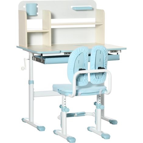 Bureau d'écolier avec chaise pour enfants de 3 à 12 ans, hauteur réglable et plateau inclinable, bleu (1/5)