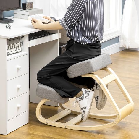 Silla ergonómica de rodillas con movimiento de balanceo, silla postural moderna acolchada en madera de abedul certificada FSC y poliéster, 51x69x58 cm, gris.