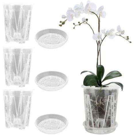 Lot de 3 pots en plastique transparent pour orchidées, avec trous de drainage et conception aérée – Convient aux plantes d’intérieur et d’extérieur (14 cm + soucoupe) (1/5)