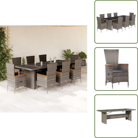 Cojines para sillas - vidaXL Set comedor jardín 9 pzas y cojines ratán sintético gris - Mesa de jardín