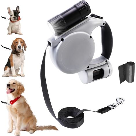 Laisse enroulable avec lampe de poche intégrée, laisse pour chien légère avec sangle en nylon de 5 m d'épaisseur, frein à une main, possibilité de pause et de verrouillage, pour chien/chat de petite à (1/5)