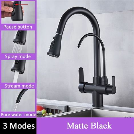 (Noir sans capteur) Robinet de cuisine à filtre tactile avec douchette extractible et double poignée, mitigeur d'évier noir. (1/5)