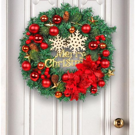Guirlande De Noël - Couronne Artificielle Porte 40 Cm - Boules Rouges Pommes De Pin Cœur En Bois - Décoration Intérieure Extérieure - 1 Pièce (1/5)
