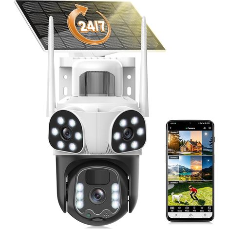 12MP Caméra Surveillance WiFi Extérieure à Triple Objectif,AOV 24/7,355°PTZ Caméra 3-in-1,Détection Humaine avec Panneau Solaire,Suivi Automatique,Vision Couleur,Audio Bidirectionnel,Batterie 10000mAh (1/5)