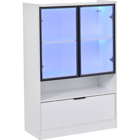 Vitrine moderne en panneau mélaminé blanc mat avec portes en verre trempé et éclairage LED, 120x80x35 cm (1/5)