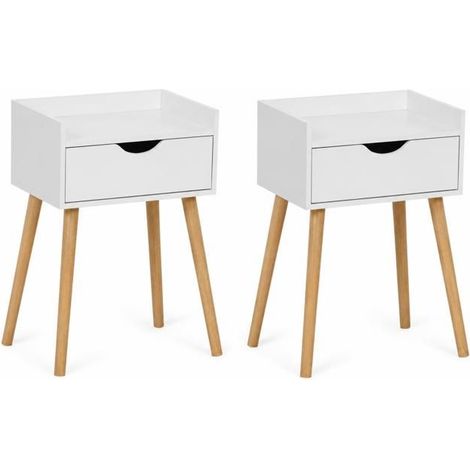 Table de chevet - JUANIO - Style scandinave moderne - Lot de 2 - 1 tiroir - Pieds effet bois