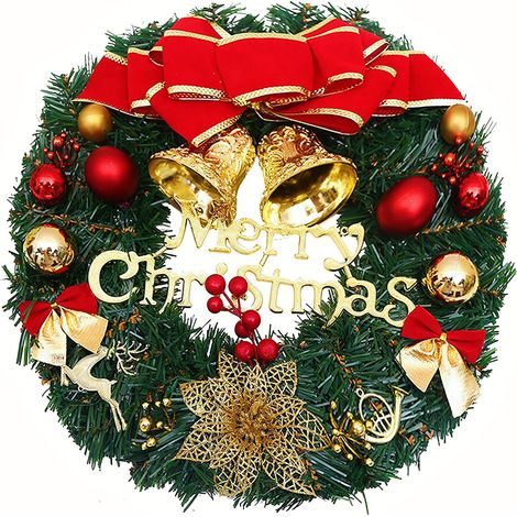 Couronne de Noël 30 cm, Guirlande de Porte avec Boule de Noël Fleur de Noël Bow Berry pour Porte D'entrée, Cheminée et Décoration Murale- Rouge Vert (1/5)
