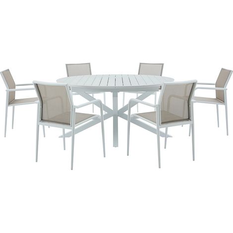 Sala pranzo giardino Alluminio: tavolo allun. L.150/200cm e 6 poltrone impil. Grigio e Bianco - YOHA di MYLIA