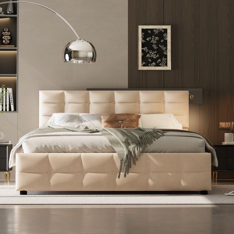 Lit rembourré 180 x 200 cm avec sommier à lattes, lit hydraulique gainable, velours hollandais beige, lit adulte moderne et confortable (1/4)
