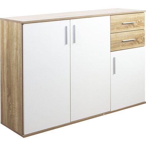 Cassettiera Mobile Armadietto 3 Porte 2 Cassetti Design Moderno Quercia e Bianco (1/5)