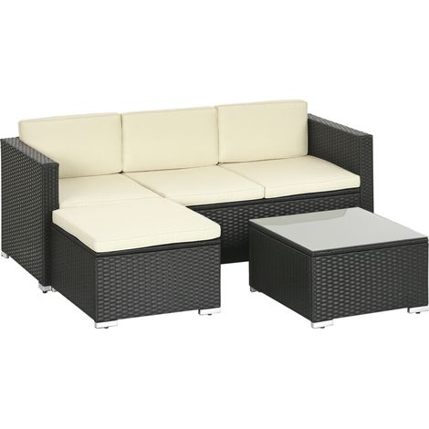 Conjunto de muebles de exterior de ratán, sofá de jardín de 3 plazas, taburete y mesa de centro con tablero de cristal negro. (1/5)