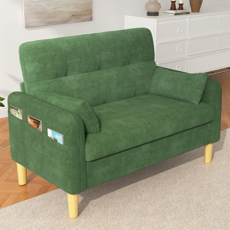 Canapé 2 places en chenille verte, 119 x 78 x 85 cm, avec 2 coussins et poche latérale (1/5)