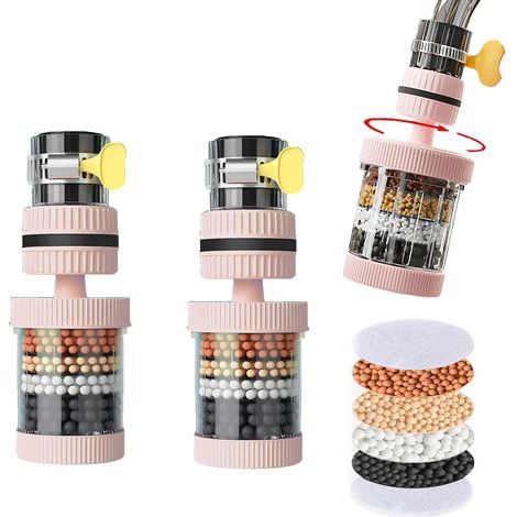 Universeller Wasserhahnfilter, 360° drehbar, Aktivkohlefilter, geeignet für Spülbecken und Küchen, 2er-Pack, rosa (1/5)