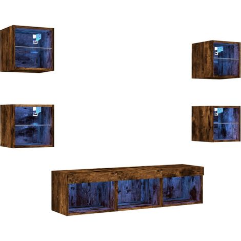 Mobile TV multimediale scaffale TV credenza TV sala da pranzo soggiorno camera da letto con LED 7 pezzi rovere affumicato multistrato marrone 020029469