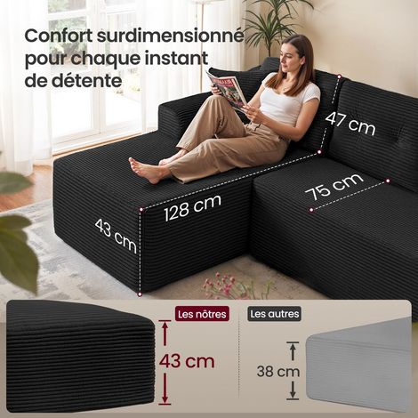 Canapé d'angle modulable avec grande méridienne 150 x 244 x 73 cm confort optimal style contemporain en velours noir (1/2)