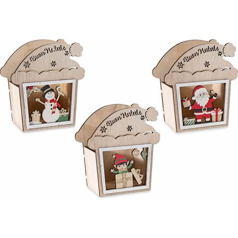 Cestini a pacchetto regalo in legno con intagli natalizi e decori glitterati, set da 3 pezzi, cm 14 x 8,5 x 15,5 H