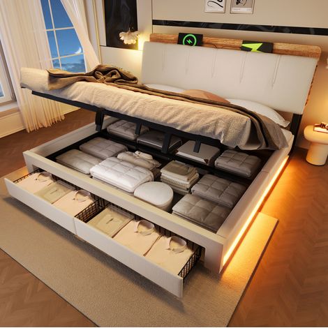 letto contenitore 180x200 USB LED lino beige OKMYHOME