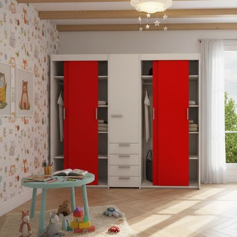 Armadio scorrevole L.225 cm con cassettiera centrale integrata - Bianco e Rosso