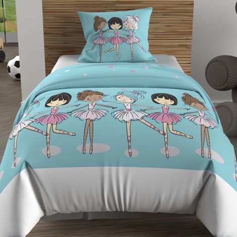 Parure Housse de Couette 140x200 cm Danseuses Bleu, 100% Coton 57 Fils/cm2, (1/5)