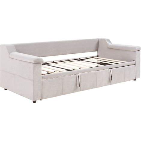 Sofá cama capitoné 90x190 cm beige de terciopelo con Bluetooth, USB y almacenaje (1/5)