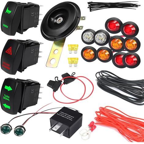 Universal ATV UTV SXS Turn Signal Kit,Street Legal Turn Rocker Light 120DB Horn Reverse Light Rocker Switch Kit de relais réglable clignotant pour Polaris Dirt Bike RZR Kaw-as-aki Golf Cart Dune Buggy