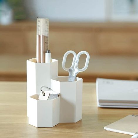 Sechseckiger Stiftehalter aus Kunststoff, Aufbewahrungsbox für Stifte und Pinsel, Büroartikel-Organizer, beige