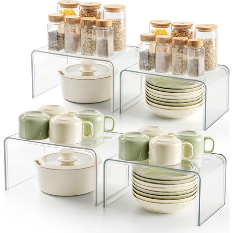 Étagère à épices transparente debout - 4 organiseurs de cuisine empilables - Mini étagère décorative - Étagère à épices pour plan de travail de cuisine - Escalier à épices - Organiseur de coiffeuse (1/5)