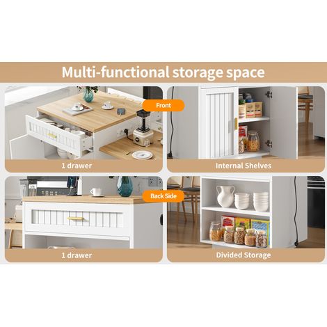 Îlot de cuisine extensible blanc en MDF et métal avec prise intégrée, tiroir et étagères pour cuisiner, manger et ranger (1/5)
