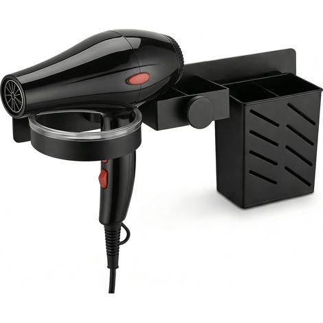 Soporte de pared 3 en 1 para secador de pelo, plancha de pelo y herramientas de peinado. Ideal para baño, salón de belleza y hotel. No requiere perforaciones. Color negro. (1/5)