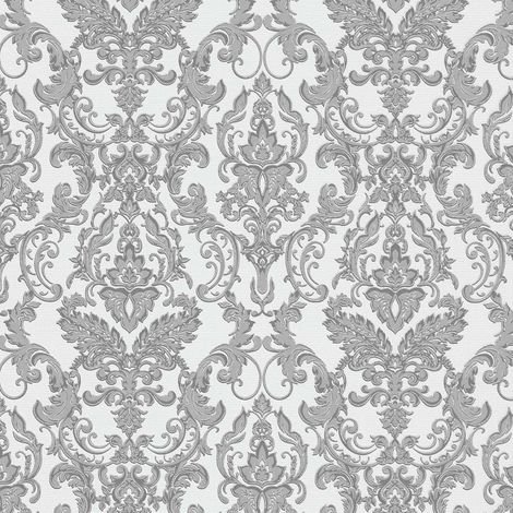 Papier peint baroque gris clair & blanc chambre | Tapisserie baroque grise & blanche salon | Papier peint élégant damassé intissé (1/2)