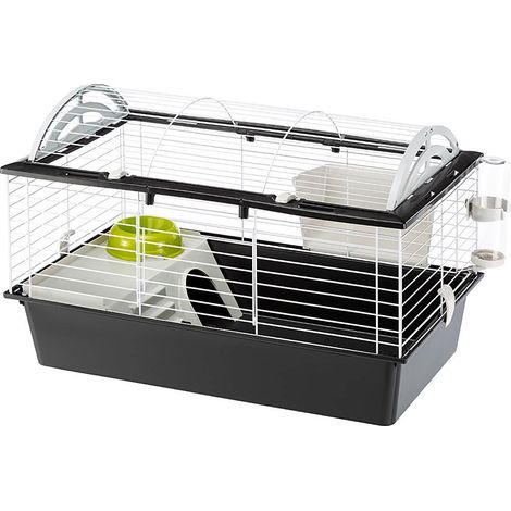 Cage pour petits animaux 78x48x50 cm – Noire – Toit arrondi ouvrable – Porte coulissante sécurisée – Inclus mangeoire et maisonnette – Ferplast (1/10)