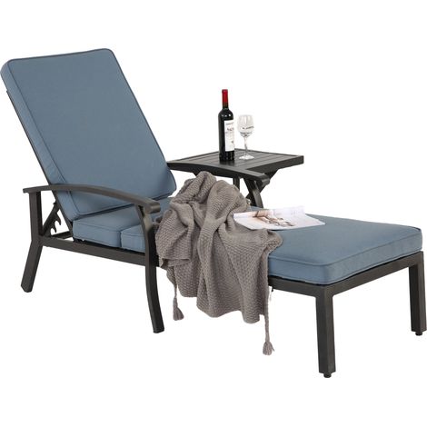 Tumbona De Exterior Respaldo Ajustable En 5 Posiciones con Cojín Trenzado Cruzado de Aluminio Azul 204 × 58 × 100 cm (1/5)