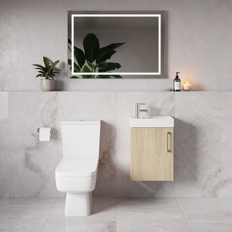 Napoli Cube Light Oak 400mm Single Door Wall Mounted Vanity Unit and Toilet Suite with Align Basin - 400mm - Chrome 160mm Handle