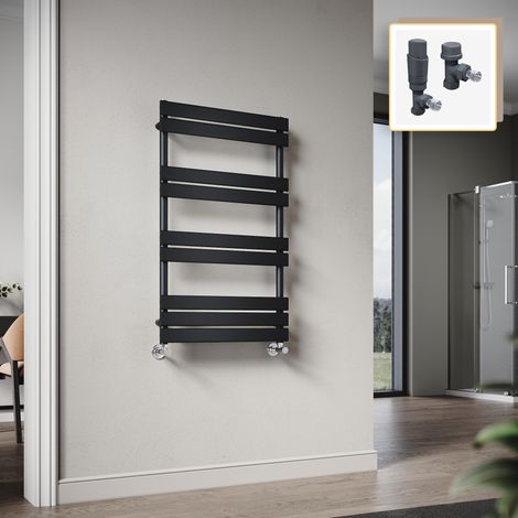Elegant 1000 x 600mm Heated Towel Rail Black Flat Panel Design Tower Hanger, Modern Bathroom Radiator, Wall Mounted Ladder + Anthracite Thermostatic Radiator Valves (1/5)