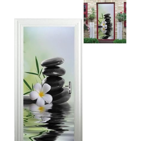 3D-Türsticker – Schwarze Spa-Steine mit Blumen auf Zen-Wasser