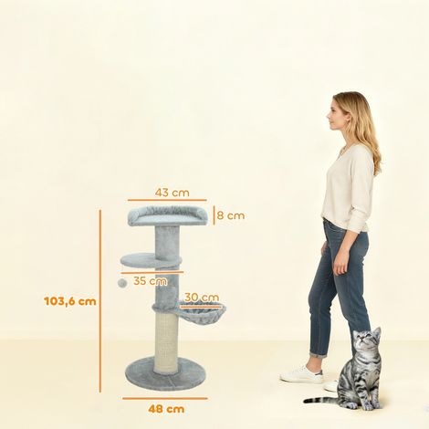 Arbre à chat griffoir, colonnes en sisal, étages multiples, tissu doux peluche, boule suspendue, gris clair (1/5)