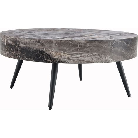 Runder Couchtisch 70 cm in grauer Marmoroptik aus MDF mit schwarzen Metallbeinen (1/5)