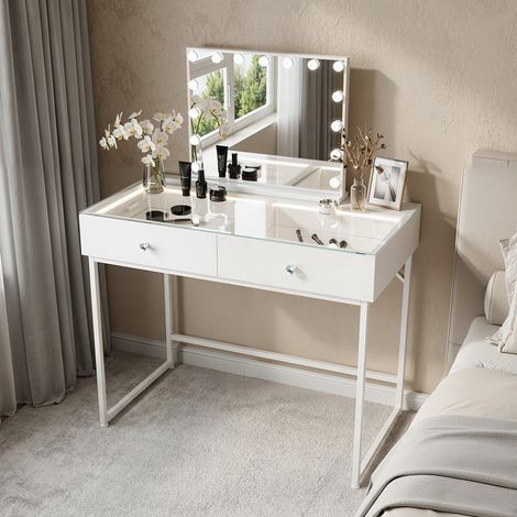 FENCHILIN Coiffeuse avec Miroir LED 2 Tiroirs Blanc 100 x 55 x 127 cm (1/5)
