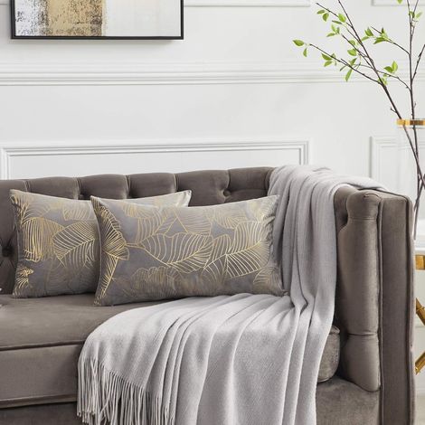 MINKUROW Fodere Per Cuscini 30x50 Cm Velluto Foglie D'oro Grigio Fodere Per Cuscini Fodere Per Cuscini Decorativi Cuscino Per Divano Camera Da Letto Soggiorno Set Di 2 (1/5)
