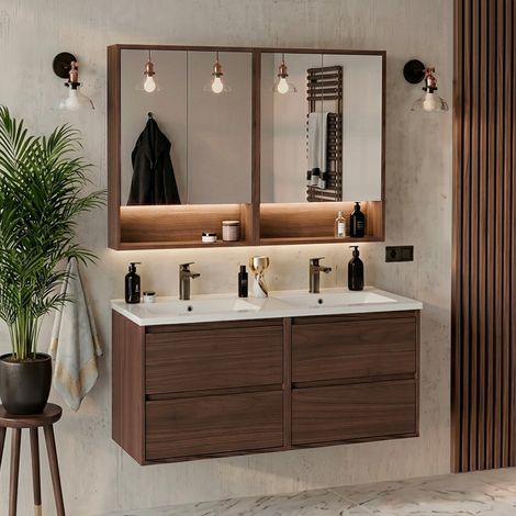 Waschtisch-Set mit zwei Einbauwaschbecken 120cm und Spiegelschränke Edmé Dunkles Holz (1/5)
