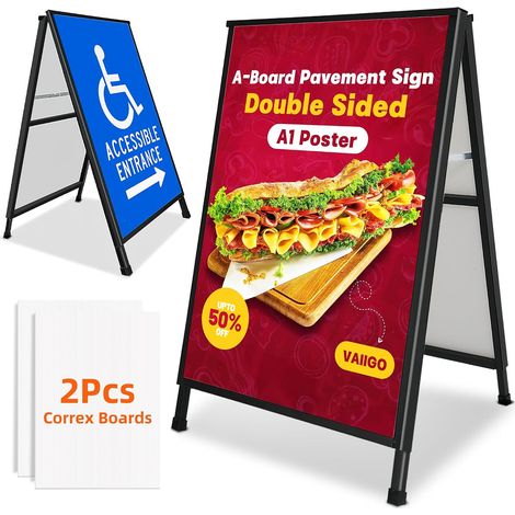 Cadre A1 pour trottoir - Double face - Robuste - Avec 2 feuilles en plastique ondulé - Pour publicité extérieure, vente, entreprise (1/5)